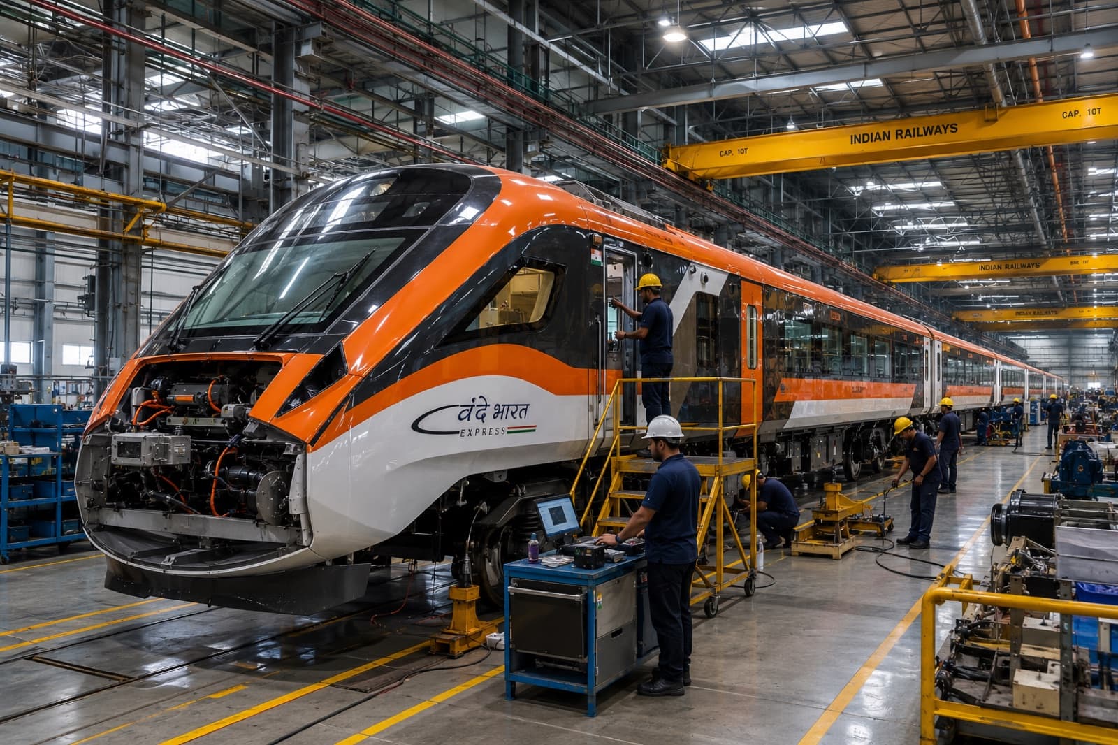 Vande Bharat coaches under assembly at an Indian Railways production unit